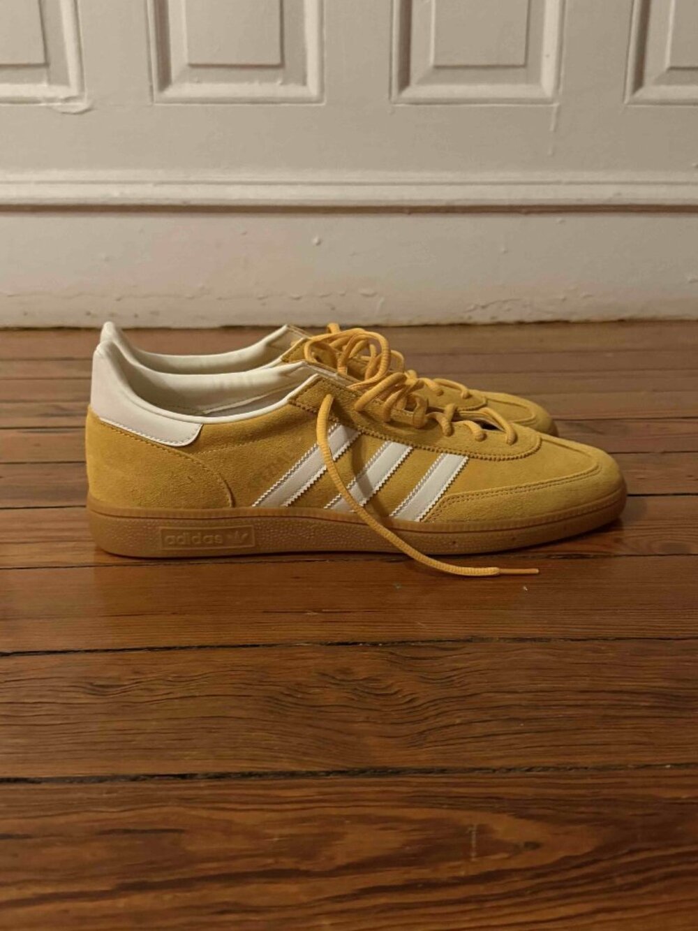 adidas Originals Yellow Suede Sneakers – White Stripes / Gum Sole – Size 12.5